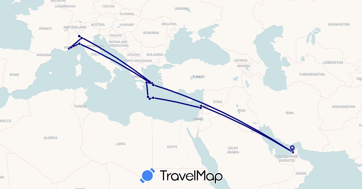 TravelMap itinerary: driving in United Arab Emirates, France, Greece, Italy, Lebanon, Monaco (Asia, Europe)